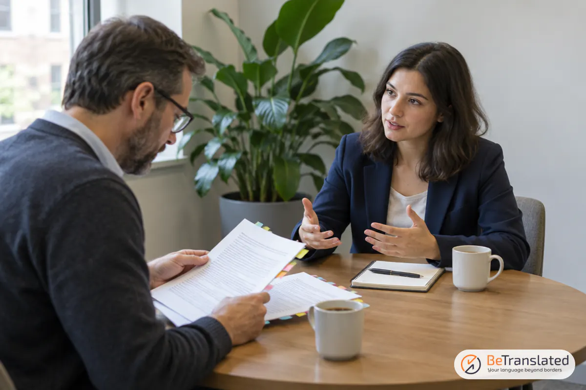 Hiring manager reviewing printed translation samples with a candidate while hiring a translator for a new project