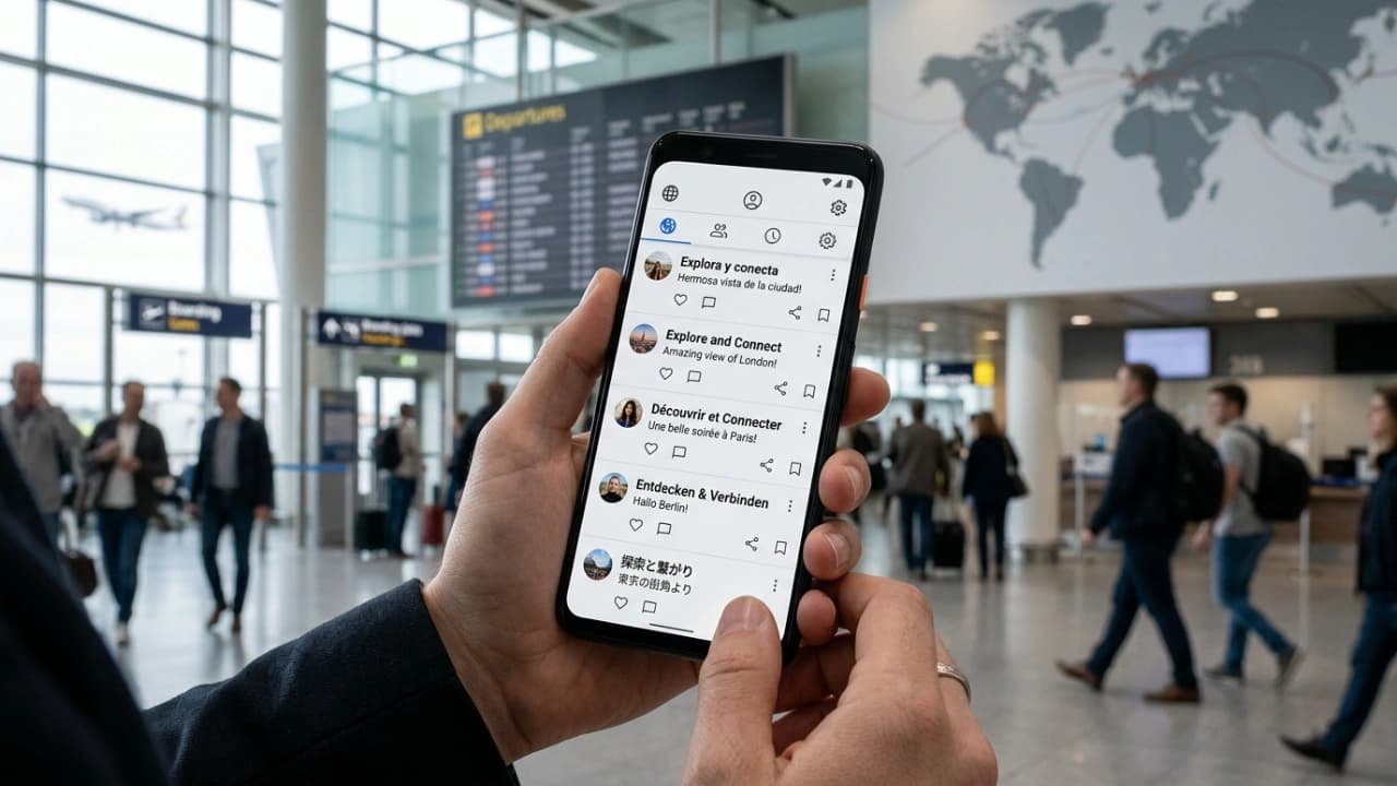 Mobile app interface shown across multiple languages with localized UI strings, layouts, and navigation