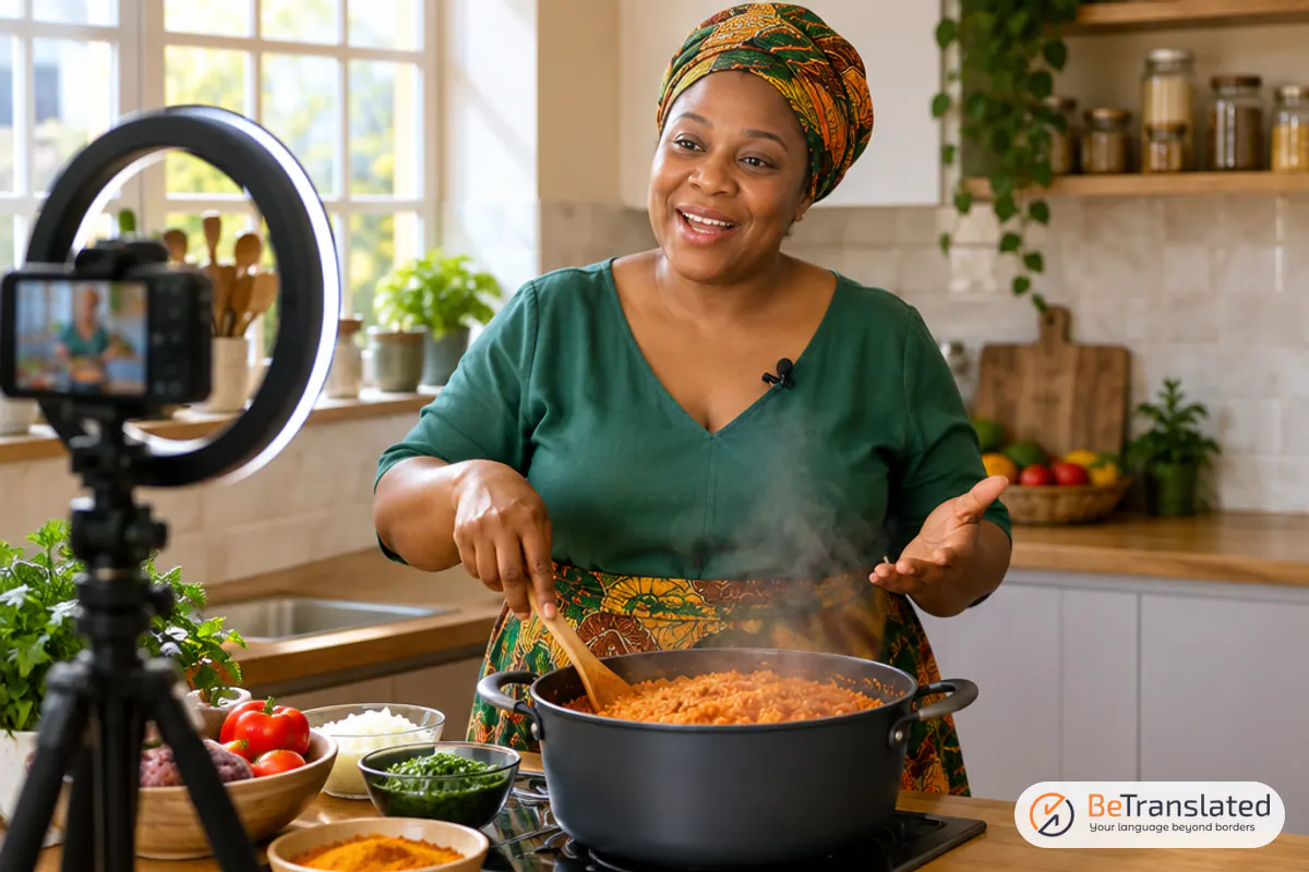 Home cooking creator filming a tutorial on a tripod camera, ready for AI video translation