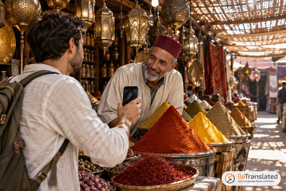 Traveler holding up a phone with the best translation app to talk with a spice vendor in Marrakech