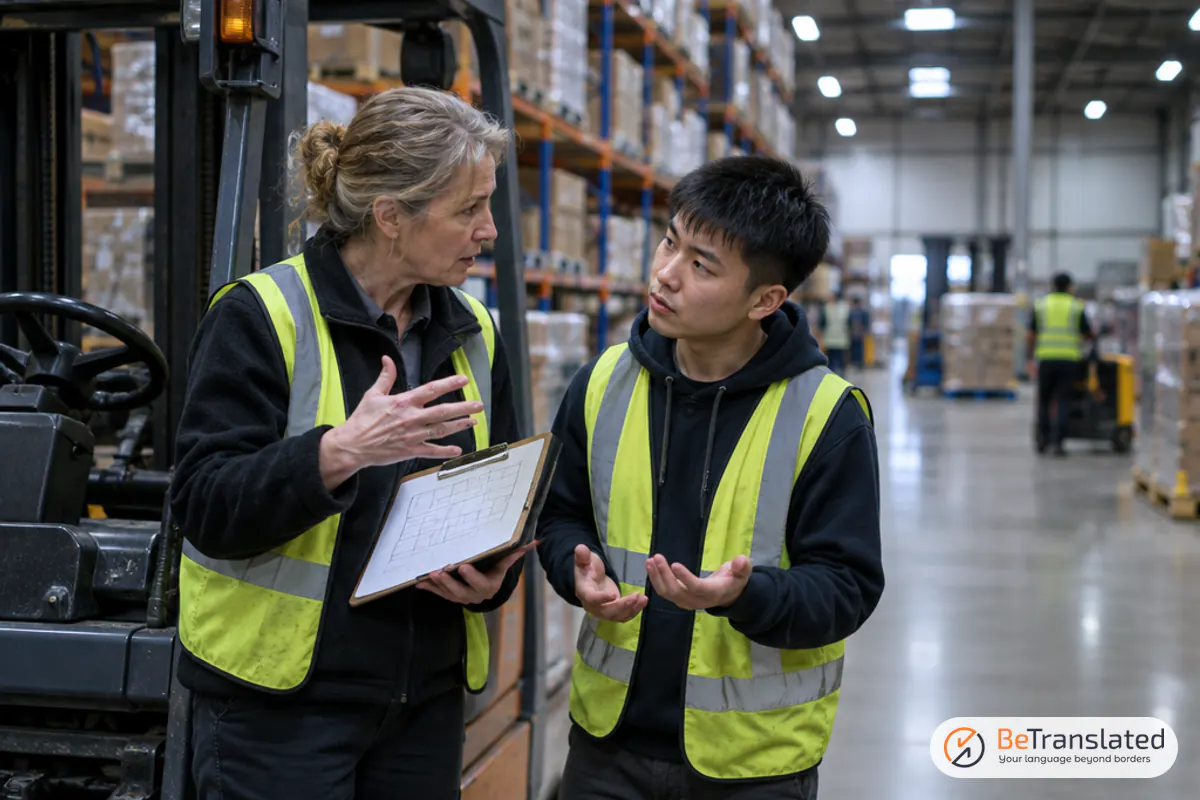 Warehouse supervisor and new hire gesturing to bridge communication challenges in business operations