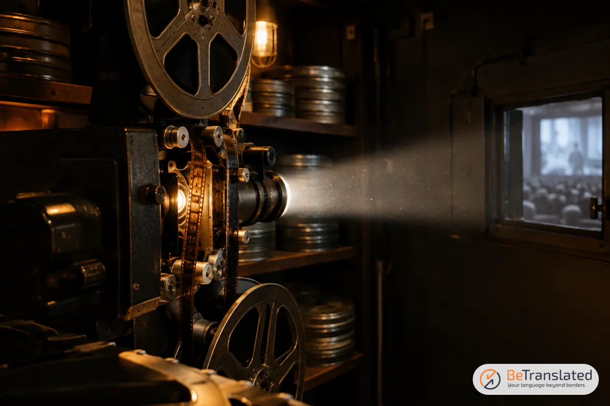 Vintage projector beaming light in a cinema booth, setting the scene for films about translation