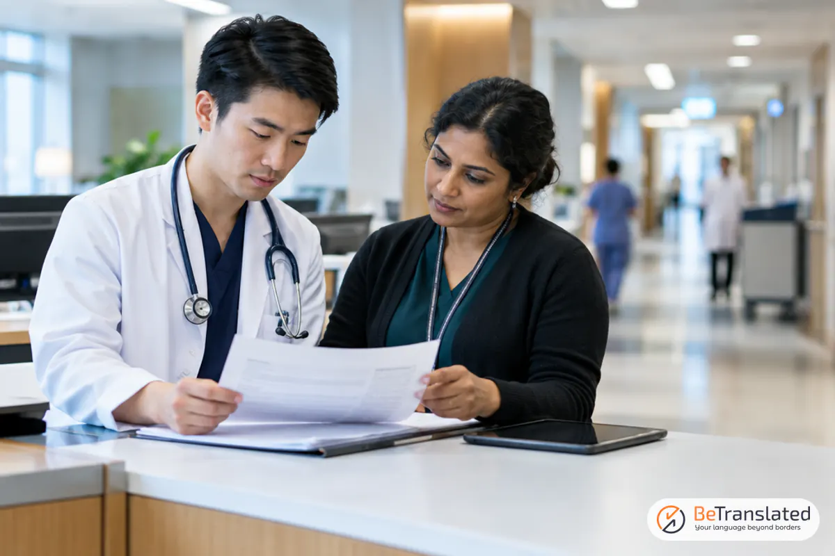 Doctor and medical linguist reviewing patient consent forms at a nurses' station for healthcare website translation