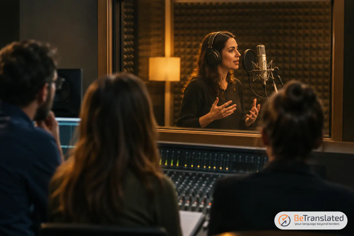 Marketing team that chose to hire a voice actor watching a recording session through studio glass