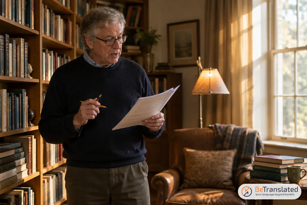 Translator reading a printed draft aloud in a home library to improve translation skills