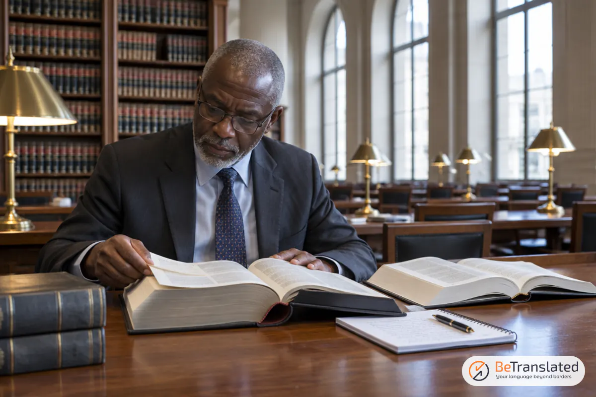 Legal translator studying bound treaties in a court library, the daily work of translation for international law