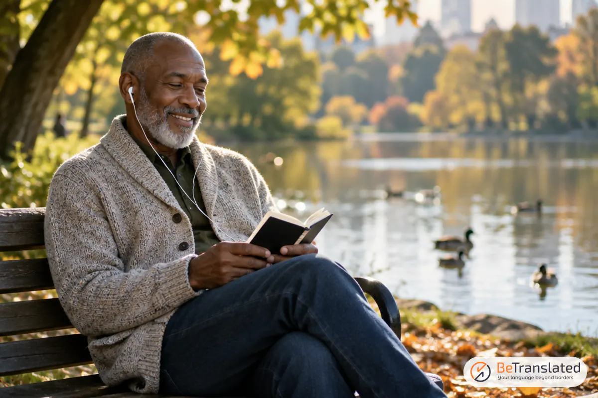Retired man on a sunny park bench enjoying language learning, a quiet boost to his mental health