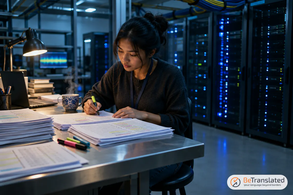 Linguist annotating bilingual training data in a server room used for machine learning translation