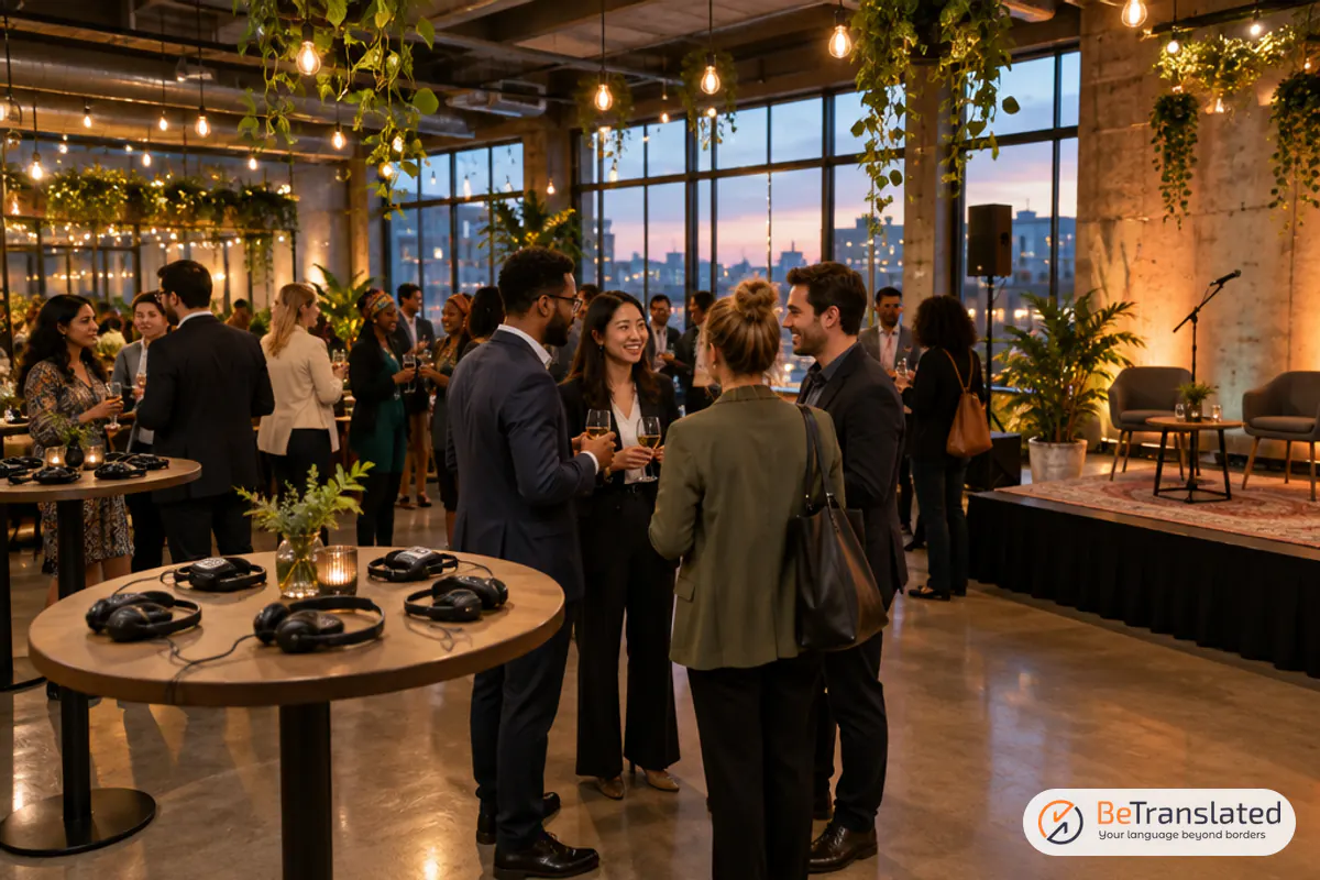 Guests mingling at multilingual events in a bright coworking space with interpreter headsets on tables