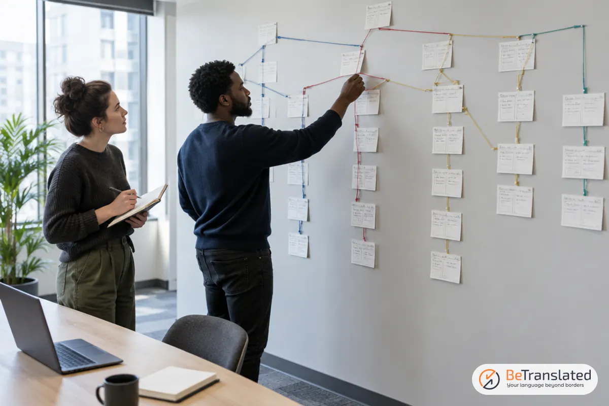 Web team mapping language branches on a wall while planning multilingual website best practices