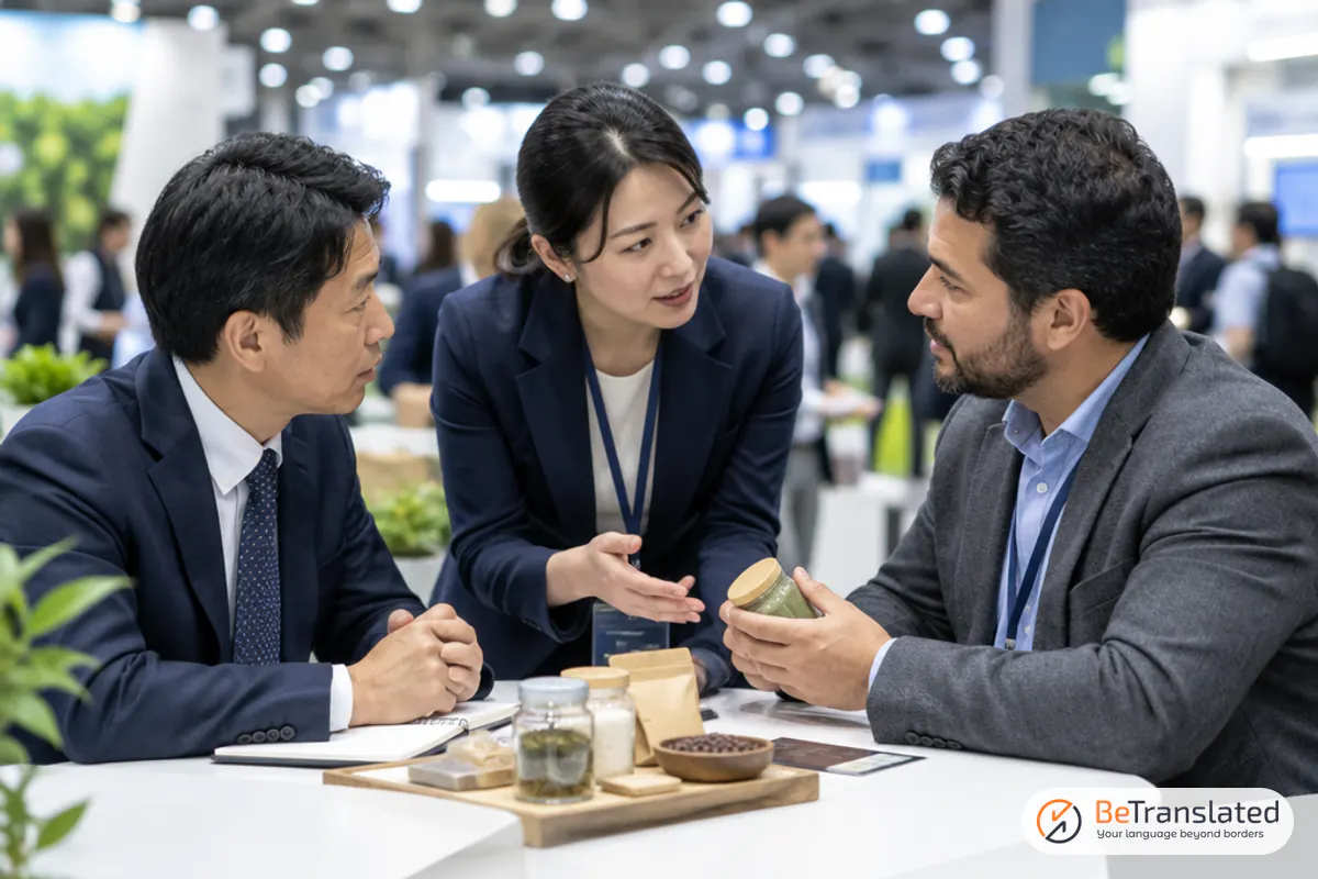 Interpreter helping two buyers overcome language barriers during a negotiation at a busy trade fair stand
