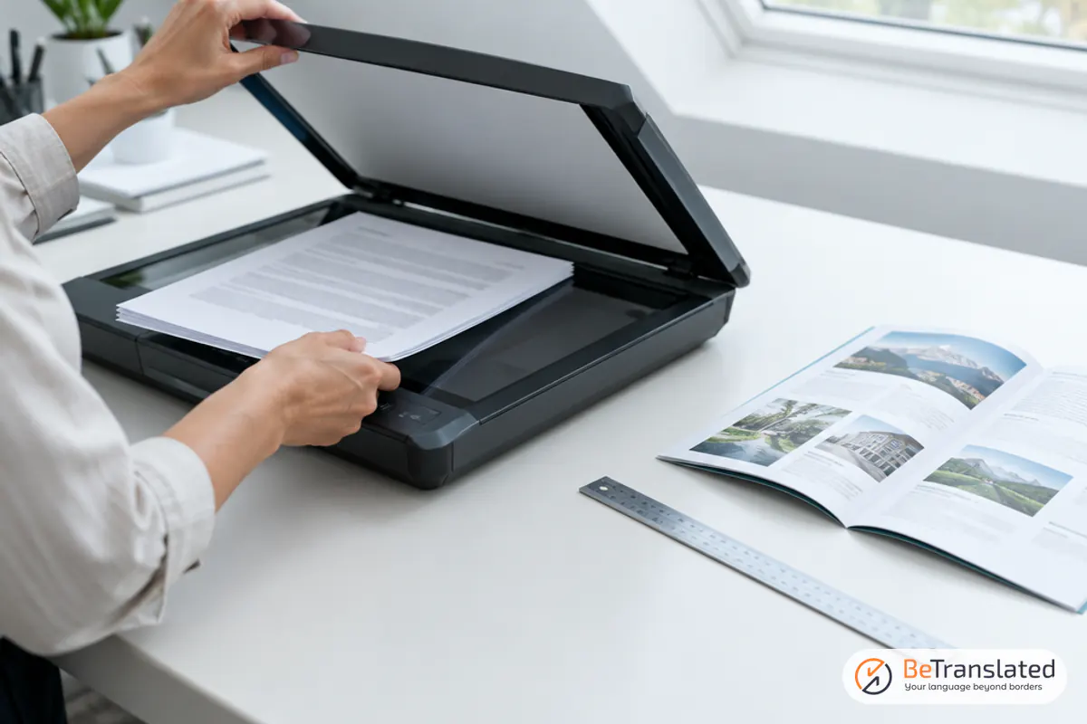 Scanned contract and printed brochure beside a flatbed scanner, showing how to translate a PDF without losing layout
