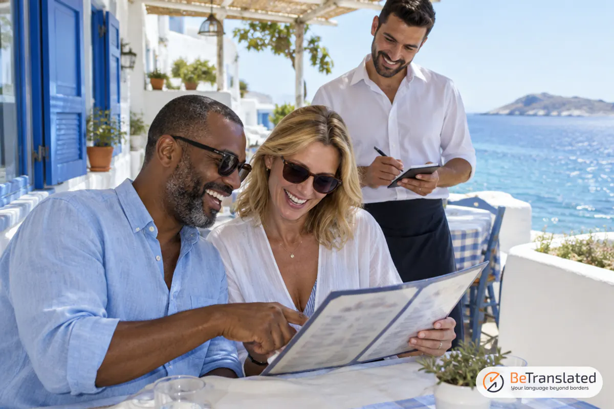 Puzzled diners laughing over a menu in a seaside taverna, a familiar scene of translation mistakes