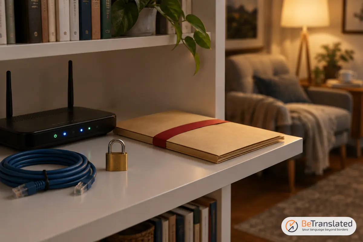 Home office router beside a sealed confidential folder, a reminder of translation business network security