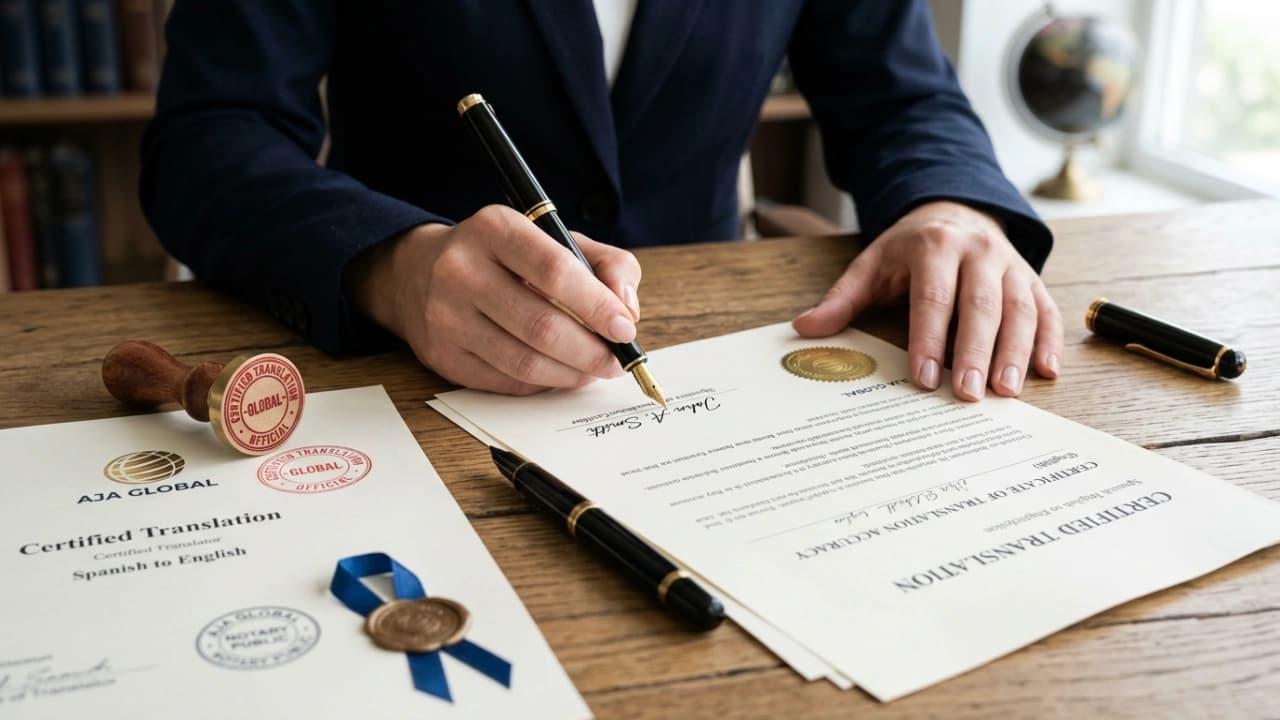Translator signing a certified translation document in front of a notary, with affidavit and seal visible
