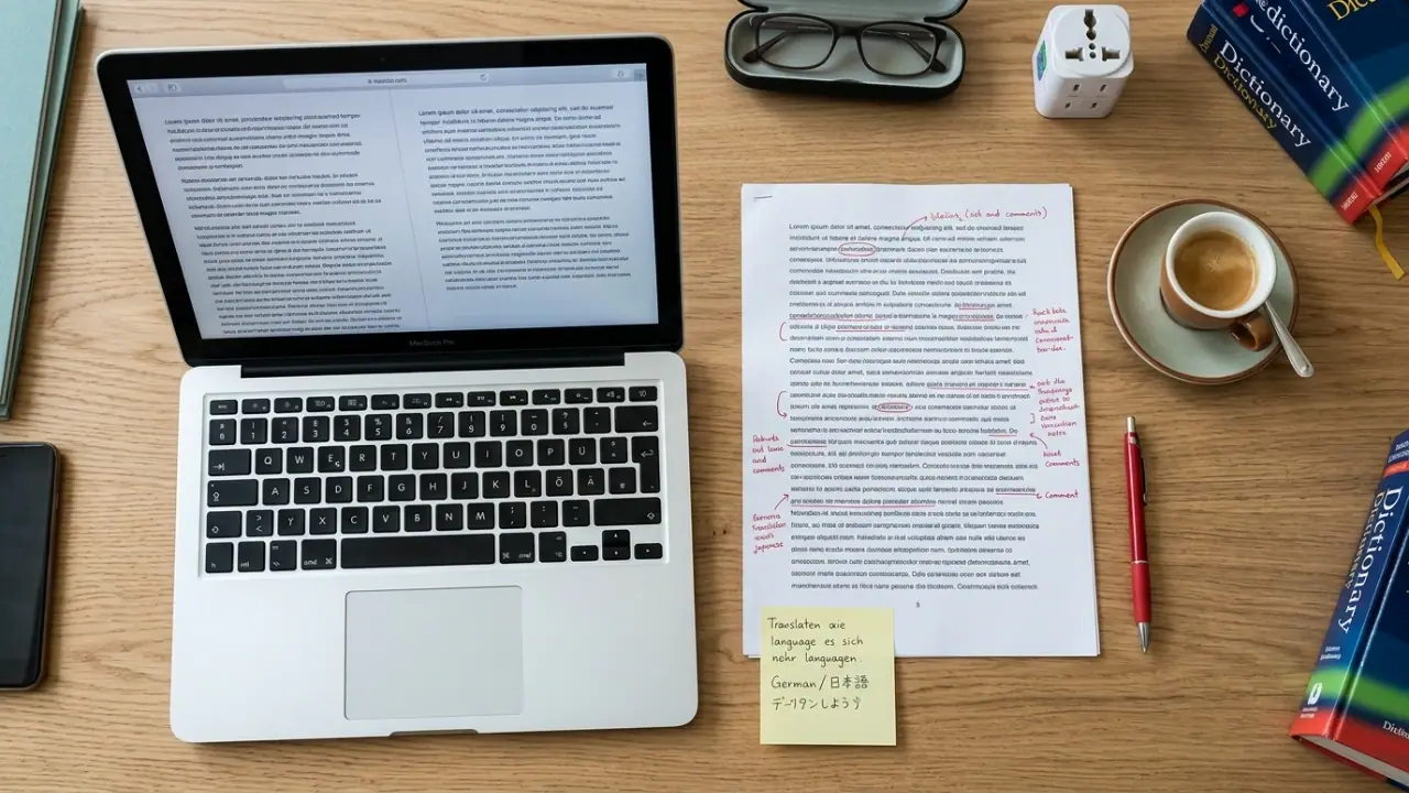 Professional document translation and localization workspace with reference materials and reviewed manuscripts