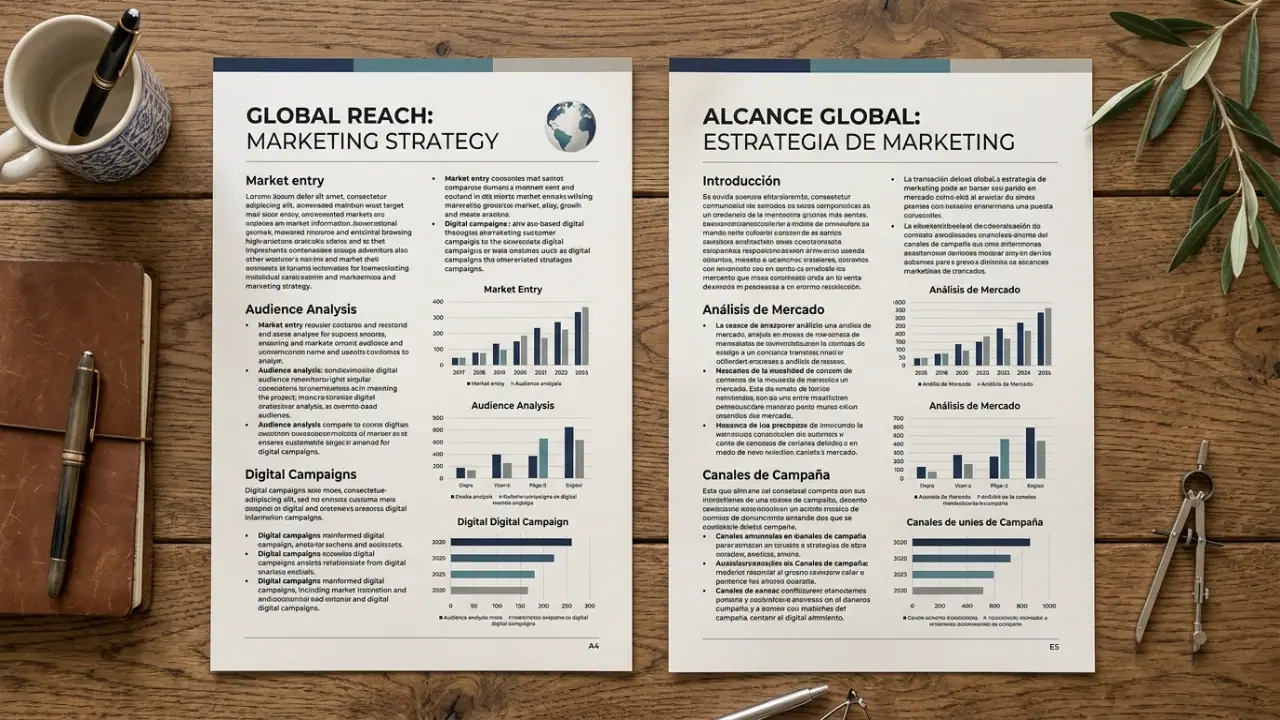 Translated marketing documents, brochures, campaigns, and content assets on a clean editorial workspace