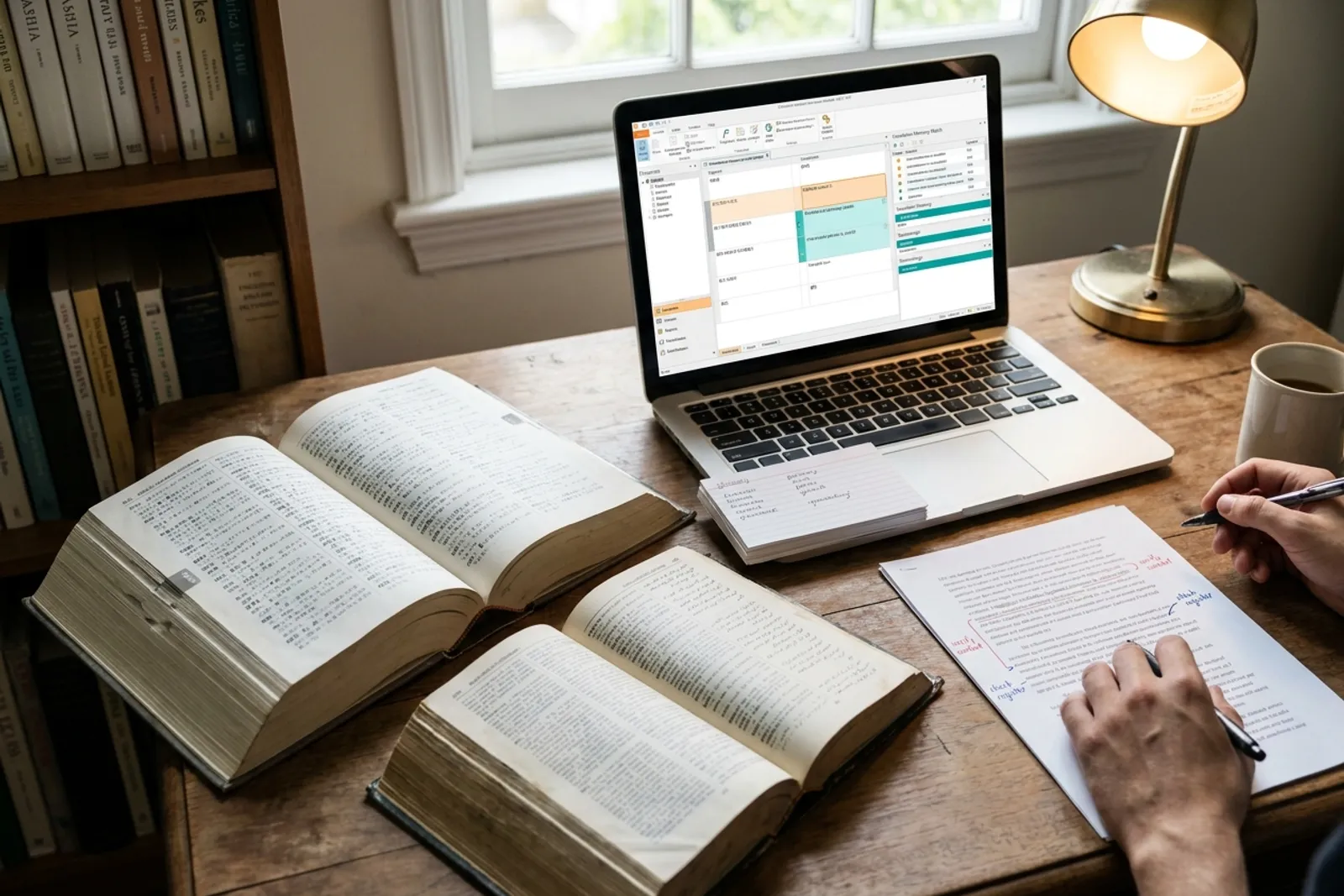 Senior translator's desk with multilingual dictionaries, glossary cards, and a CAT tool open on a laptop