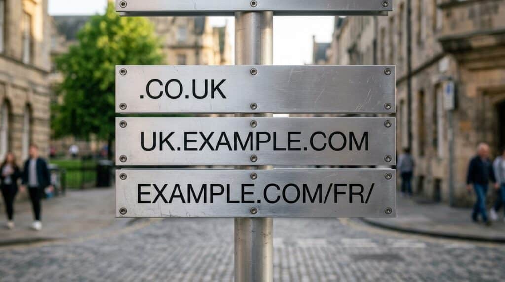 A close-up photograph of a metallic directional signpost engraved with international URL structures like .co.uk and .fr, representing SEO localization options.