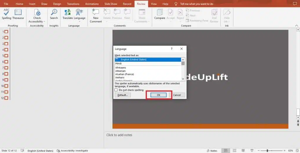 powerpoint online set proofing language for whole presentation