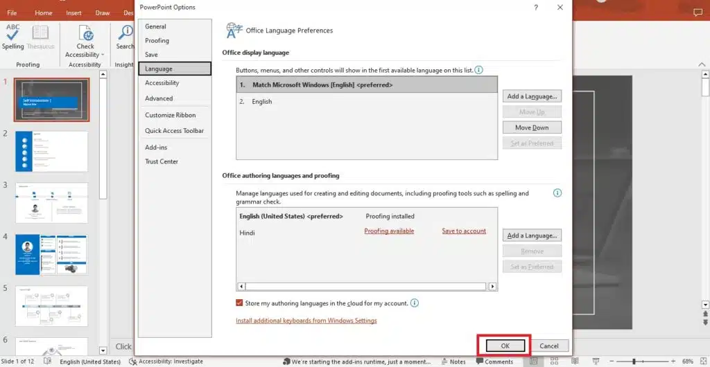 powerpoint online set proofing language for whole presentation