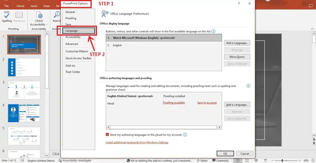 powerpoint online set proofing language for whole presentation