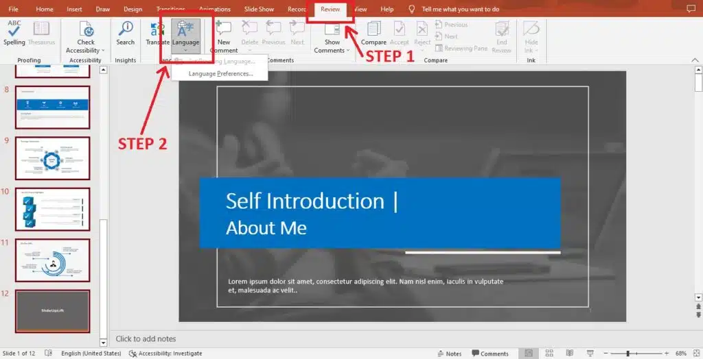 powerpoint online set proofing language for whole presentation