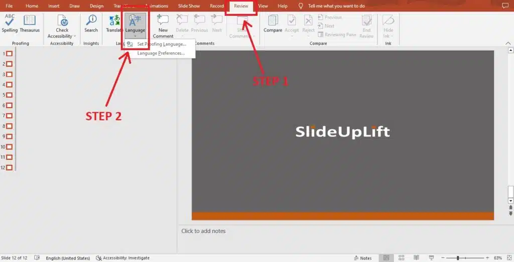 powerpoint online set proofing language for whole presentation