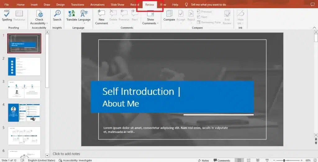 powerpoint online set proofing language for whole presentation