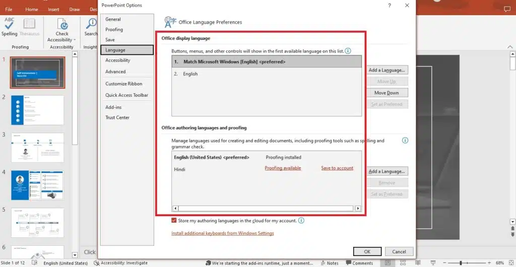 powerpoint online set proofing language for whole presentation
