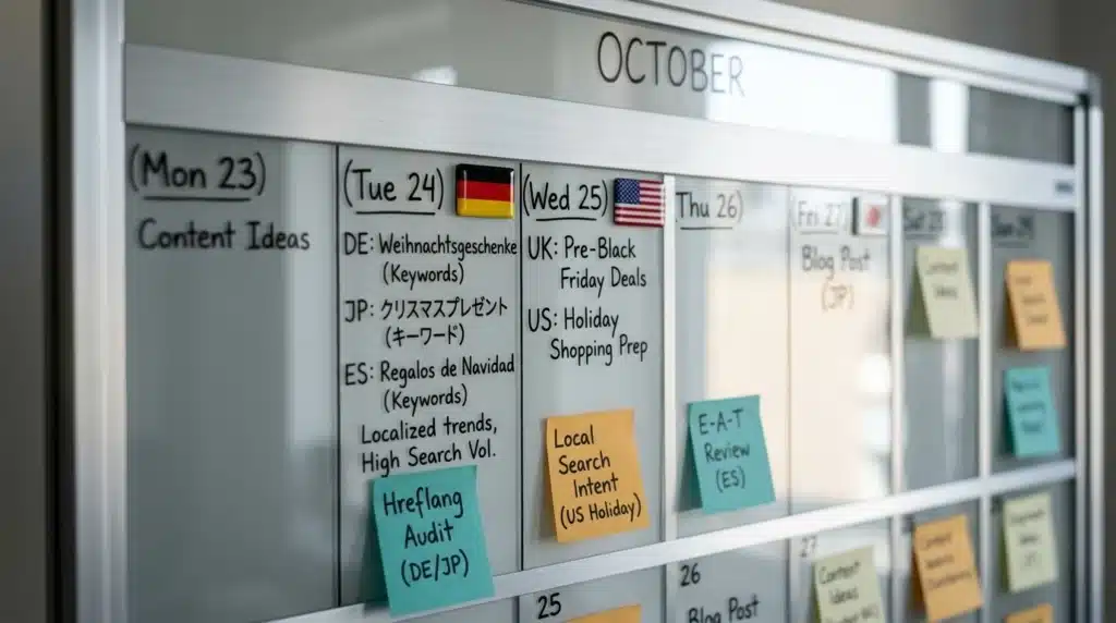 international seo content calendar localized strategy board