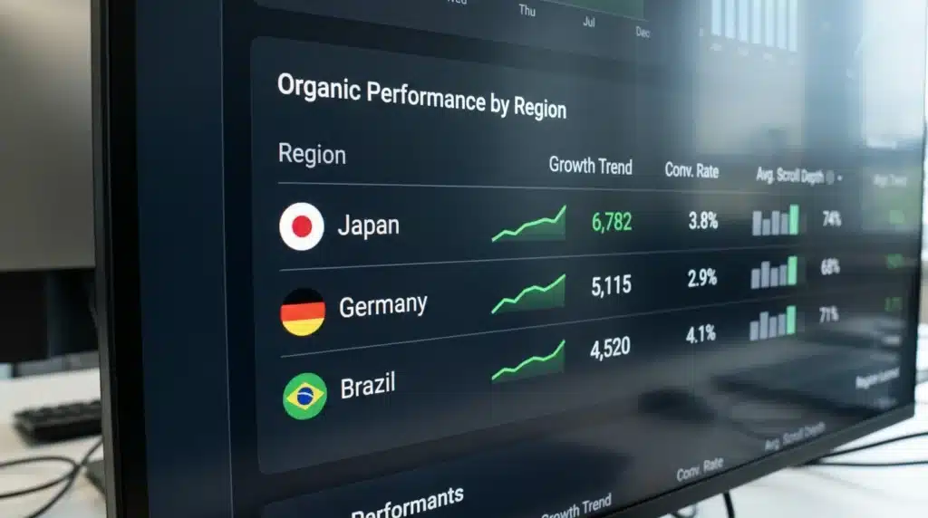 A close-up of a high-tech server rack displaying international domain extensions like .de and .jp and technical hreflang tags, representing international SEO infrastructure.