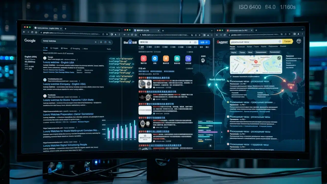 A comprehensive visualization of international SEO showing localized search engine results from Google, Baidu, and Yandex to illustrate global ranking strategies.