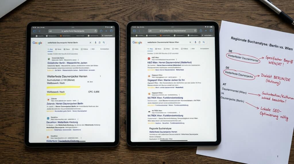 A side-by-side comparison of two tablets showing localized search results for Germany and Austria, illustrating the difference between literal translation and local keyword research.